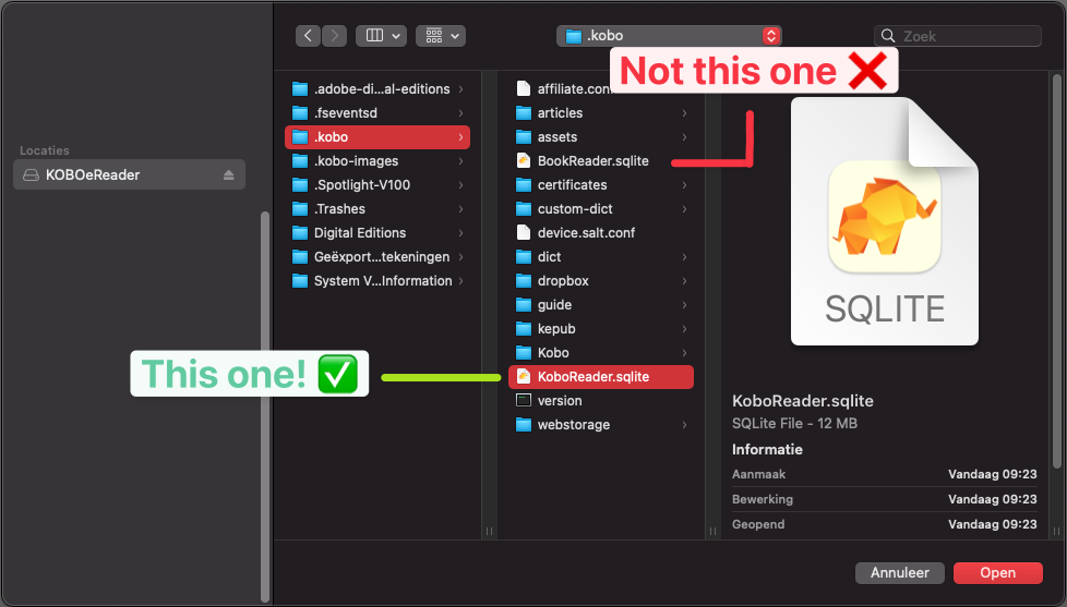 Kobonotes Guide for Mac - Selecting the KoboReader.sqlite file